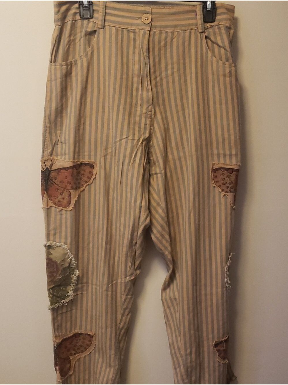 NWT A Rare Bird Cotton Striped Beige Straight-Leg Pants with Butterfly Patches